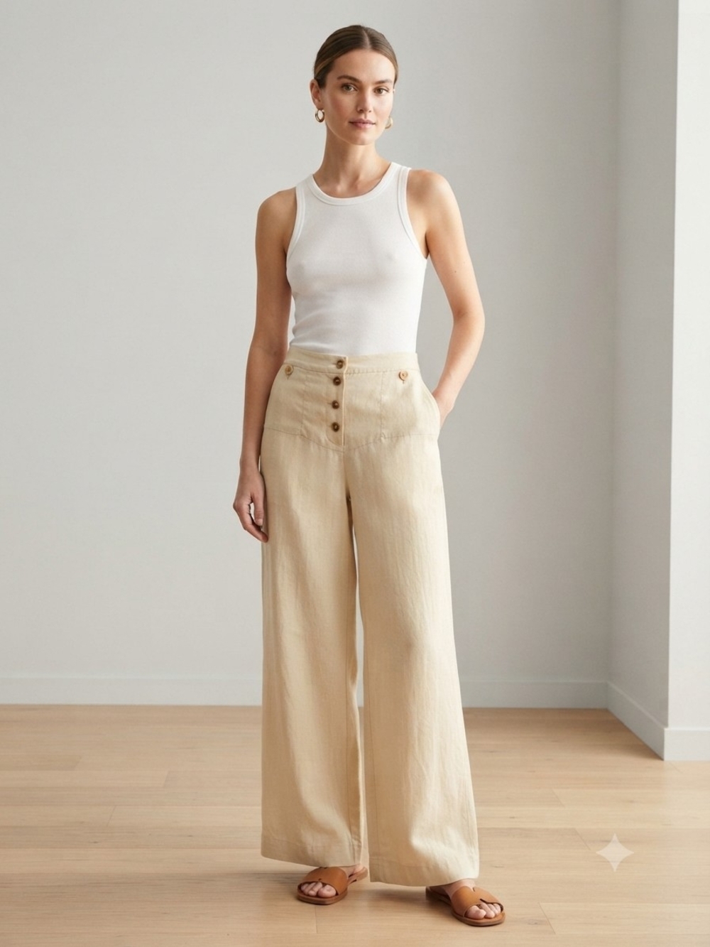 Max Studio 100% Linen Wide Leg Trousers Size 6 Cream Neutral Quiet Luxury Pants
